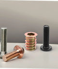 Assorted components from 50Pc Wood Threaded Insert Nut Kit With Hex Bolts For Diy Furniture Assembly Includes 2 Wrenches And 1 Drill Bit Metal Screw Connectors For Strong Wood Joints Great For Home And Office Projects showing metal inserts and bolts.