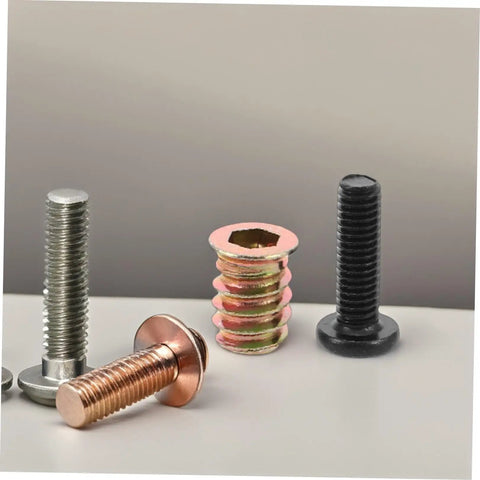 Assorted components from 50Pc Wood Threaded Insert Nut Kit With Hex Bolts For Diy Furniture Assembly Includes 2 Wrenches And 1 Drill Bit Metal Screw Connectors For Strong Wood Joints Great For Home And Office Projects showing metal inserts and bolts.