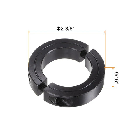 Double Split Shaft Collar Clamp On For One And A Half Inch Rod, Two And Three Eighths Inch Outside Diameter, Nine Sixteenths Inch Width, Black Oxide Finish, Set Screw Axle Collar For Secure Positioning And Vibration Control. black split shaft collar, 2-3/8 in OD