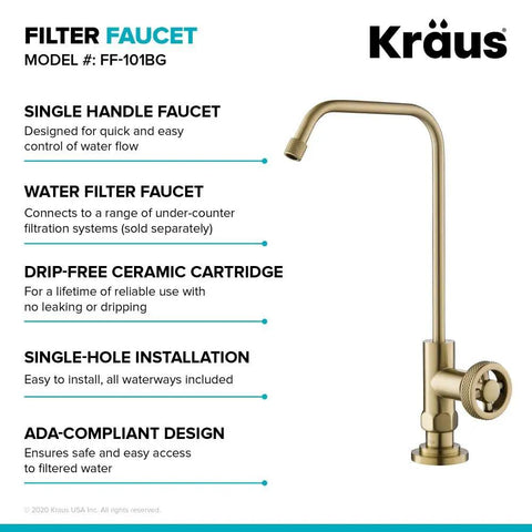 Urbix Standalone On-Demand Lead-Free Kitchen Water Filter Faucet in Brushed Gold with 360° spout, model FF-101BG.