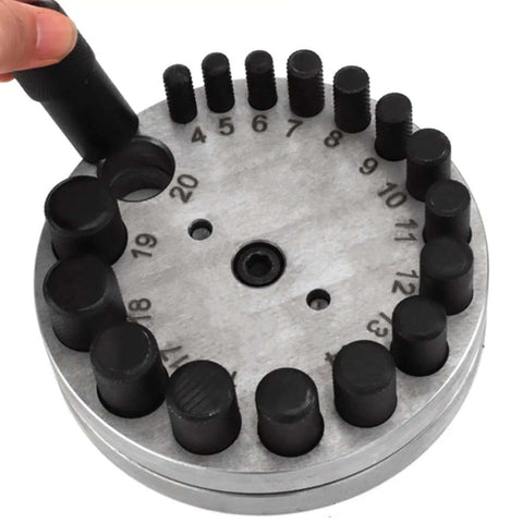 Round Disc Cutter Set For Jewelry Making And Metal Crafting, 17 Die Punch Kit with Hole Puncher, top view showing numbered dies