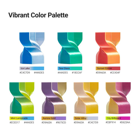 Vibrant color palette showcasing Premium Silk PLA 3D Printer Filament 1.75Mm 2.2 Pound Spool in various hues.
