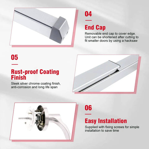 Exit Door Panic Bar Push Bar Exit Device With Exterior Lever Stainless Steel Commercial Door Hardware For 28 To 41 Inch Wood Or Metal Doors Fireproof Lock Easy Cuttable Workhorse Emergency Handle with highlighted features including end cap, rust-proof coating, and easy installation.