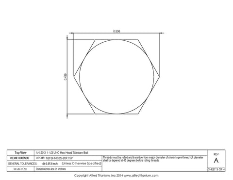 Top view diagram of 1/4-20 x 1 1/2 inch Grade Two pure titanium hex head bolt for engineering projects.
