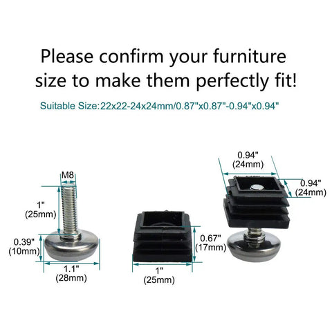 Squash That Floor Wobble Fast With Premium Adjustable Leveling Feet Sized For Square Tubing Furniture Glides, M8 threaded, various sizes.