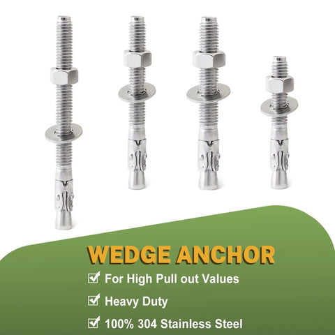 Front view of 304 Stainless Steel Concrete Anchor Bolts Three Eighths Inch By Three Inch Wedge Anchors, 20 pack.