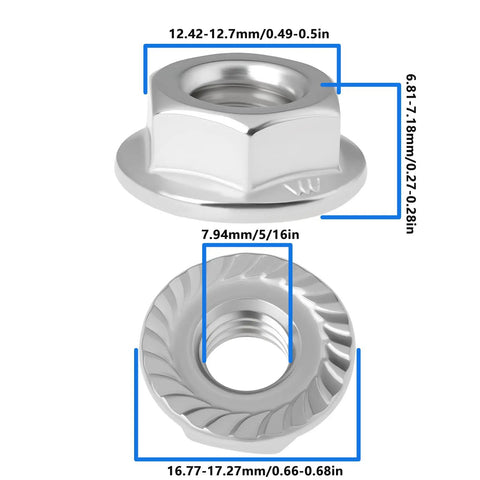 Premium Heavy Duty 4 Pack 5/16 24 Unf Stainless Steel Hex Flange Nuts showing detailed dimensions and design for Harley Davidson.