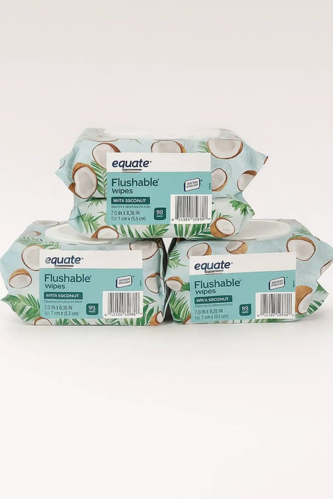 Coconut Flushable Wipes 3 Pack 96 Wipes Per Pack Gentle Soft Plant Based Fibers Hypoallergenic Free From Alcohol Parabens Phenoxyethanol Scented Fresh For Everyday Refreshing On The Go, Equate coconut wipe packs