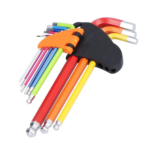 Super Cool 9 Piece Hex Wrench Set With Chrome Steel Ball Heads In Vibrant Colors For DIYers And Pros To Fix Stuff Fast And Keep Your Tools Organized, color-coded hex keys