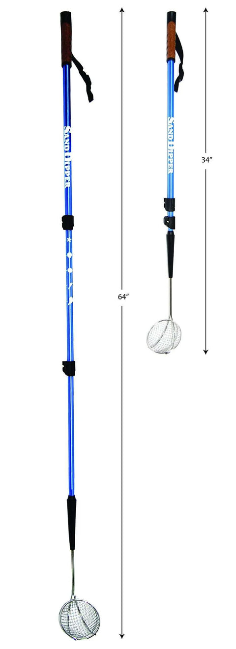 Back Saving Beach Sifter And Shovel Combo with adjustable pole, blue color, shown at 34 and 64 inches length, cane and scoop design.