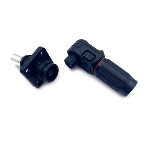 Heavy Duty 120A Battery Energy Storage Connector 25mm Wire Crimp Terminal With Right Angle Plug Socket IP67 Waterproof Rated At 1000V, showing two connectors.