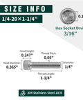 Rock Solid Heavy Duty 1/4 20 X 1.25 Inch Socket Head Cap Screw Bolt In 304 Stainless Steel 18-8 size info image showing measurements