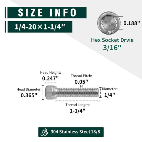 Rock Solid Heavy Duty 1/4 20 X 1.25 Inch Socket Head Cap Screw Bolt In 304 Stainless Steel 18-8 size info image showing measurements