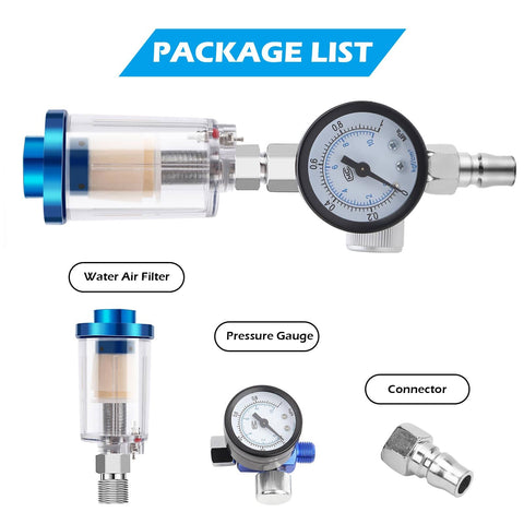 Universal One Quarter Inch Air Regulator Kit With Gauge For Pneumatic Spray Guns, includes filter, gauge, and connector