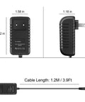 AC Charger Adapter For Extech Flir I3 I5 I7 Thermal Imaging Infrared Cameras Power Supply showing dimensions and cable length.