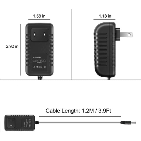 AC Charger Adapter For Extech Flir I3 I5 I7 Thermal Imaging Infrared Cameras Power Supply showing dimensions and cable length.