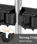 Close-up of black Mop and Broom Holder Wall Mount Anti Slip Hanger with strong grip, holding cleaning rods securely, with grip details.