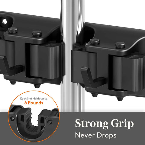 Close-up of black Mop and Broom Holder Wall Mount Anti Slip Hanger with strong grip, holding cleaning rods securely, with grip details.