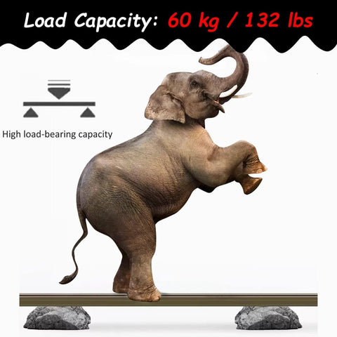 Elephant standing on rail to demonstrate load capacity, labeled 60 kg / 132 lbs, with icon showing high load-bearing capacity.