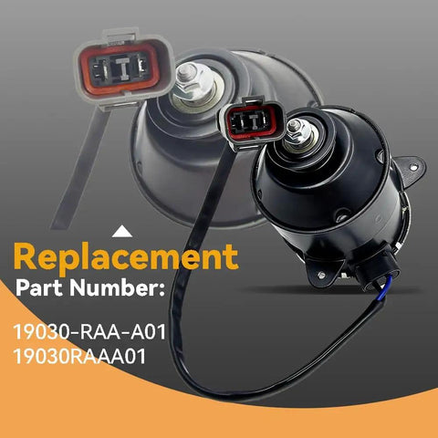 Radiator Cooling Fan Motor For Honda Accord CRV Element Civic Acura TSX RSX 5 Blade Replacement Part Fits 2002 To 2011 Honda And Acura Models Beefed Up Direct Fit Replacement With Durable Build And Easy Installation in front view with part numbers visible