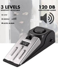 Image of a Two Pack Door Stop Alarm Security Tool with 120dB siren, featuring adjustable sensitivity levels with a black and silver design