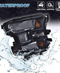 Ford F150 Headlight Assembly Replacement Left Right Pair For 2015 2016 2017 Smoky Lens Black Housing showing waterproof feature