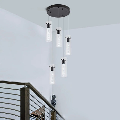Black 5-Light LED Pendant Lighting Over Island For Kitchen, Dining, Living Room And Hallway - Bubble Cylinder Pendant