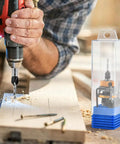 Person using Built Tough Countersink Drill Bit Set With Adjustable Depth Stop And Quick Change Hex Shank on wood with screws.