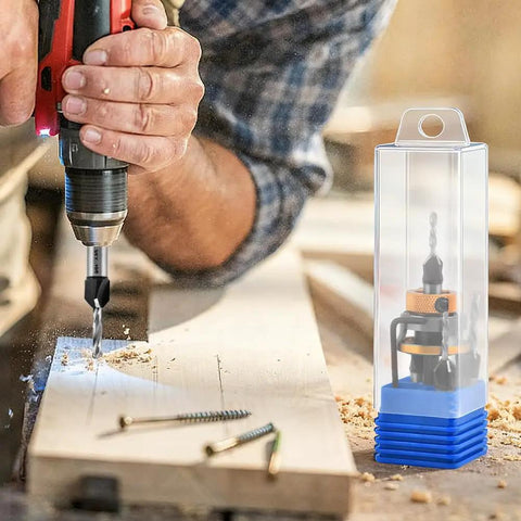 Person using Built Tough Countersink Drill Bit Set With Adjustable Depth Stop And Quick Change Hex Shank on wood with screws.