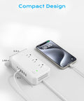 12 In 1 World Travel Adapter With 6 AC Sockets And 6 USB Ports charging a phone, compact design, 220V to 110V converter