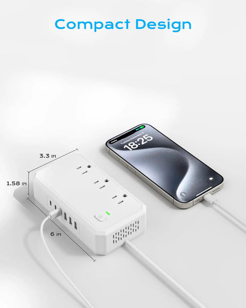12 In 1 World Travel Adapter With 6 AC Sockets And 6 USB Ports charging a phone, compact design, 220V to 110V converter