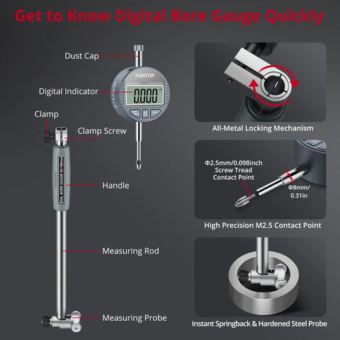 XUNTOP digital bore gauge with LCD display, measures 2-6 in (50-160 mm), metal construction.