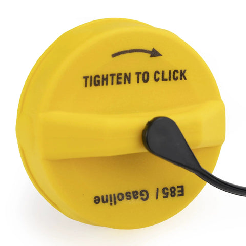 Yellow E85 gas cap with "Tighten to Click" text, replacement fits Jeep Chrysler Dodge and Ram vehicles for Grand Cherokee Durango and more.