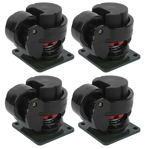Heavy Duty Leveling Caster Set Rock Solid Adjustable Metal Composite Wheels Four Pack mounted on plates for smooth surface roll.