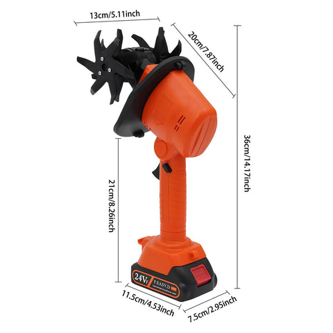 Cordless Mini Tiller With Five 1500mAh Batteries And Fast Charger, 235RPM Handheld Cultivator, orange tool with dimensions shown