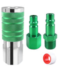 Half Inch Air Hose Fittings Kit With Quick Connect Adapters 3 Piece Bundle For Pneumatic Tools And Air Compressors 300 PSI Green Plated Heavy Duty Iron Includes Coupler And Plugs, green coupler and plugs with PTFE tape