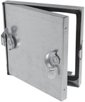 Front view of 8x8-inch galvanized steel duct access door with hinged latch frame
