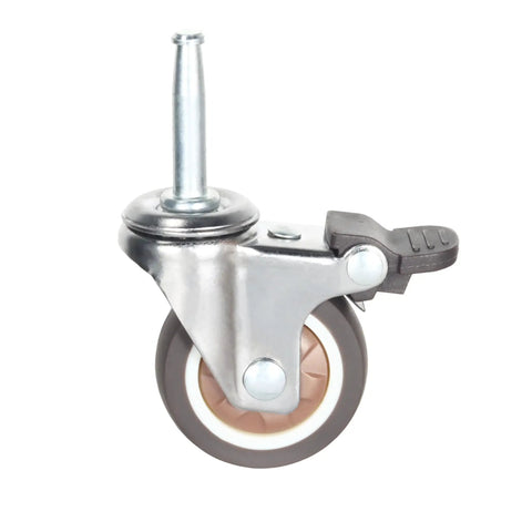 Smooth Rolling Rock Solid Stem Caster Wheels With 5/16 X 1.5 Inch Socket TPR Rubber Replacement Castors Swivel Plate With Brakes For Furniture Cart And Workbench 2 Inch 300 Lb Load Capacity close-up of a swivel caster with brake and TPR rubber wheel.