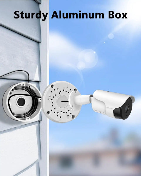 Weatherproof Outdoor Junction Box For CCTV Cameras, Heavy Duty Aluminum Mount Bracket With Hidden Cable Route, Surface Mount shown on house exterior