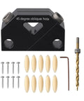Top Tier 45 Degree Dowel Jig Wood Joinery Tool Aluminum Drill Guide For Furniture Crafts And Cabinet Assembly With Sweet Screwless Angled Hole Locator Kit For 9.5mm Bits And Rock Solid Joints showing drill guide, bits, screws, and joints.