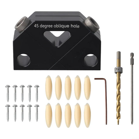 Top Tier 45 Degree Dowel Jig Wood Joinery Tool Aluminum Drill Guide For Furniture Crafts And Cabinet Assembly With Sweet Screwless Angled Hole Locator Kit For 9.5mm Bits And Rock Solid Joints showing drill guide, bits, screws, and joints.