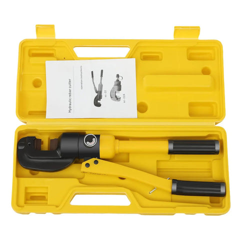 8 Ton Hydraulic Rebar Cutter With Case Portable Steel Bar Cutter in yellow case with instruction manual visible