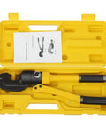 Heavy Duty 8 Ton Hydraulic Rebar Cutter And Bolt Cutter in yellow storage case, featuring hardened steel jaws for cutting steel bars.