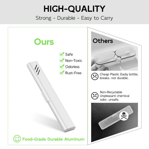Comparison of sturdy aluminum travel toothbrush case with dual ventilation vs flimsy plastic case, highlighting durability and safety