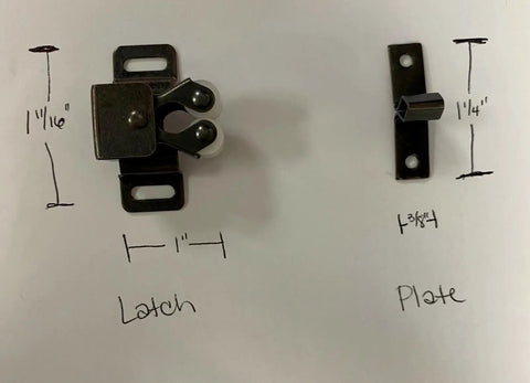 Double Roller Cabinet Door Catch Latch In Oil Rubbed Bronze For RVs And Boats, latch and plate with measurements shown