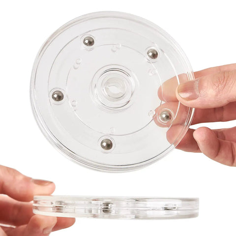 Two Pack Four Inch Lazy Susan Turntables With Ball Bearing Rotation, clear acrylic view showing design and ball bearings.