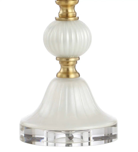 Pearl White Fluted Glass LED Table Lamp 30 Inch With Stacked Sphere Crystal Base detail view of fluted glass and sphere