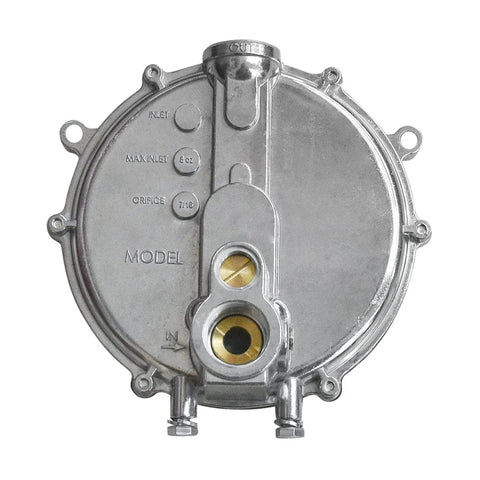 Gas regulator front view; round metal body, Impco-style low-pressure converter 039-122