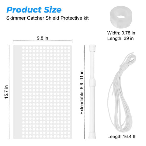 Dimensions and components of Pool Skimmer Guard Kit With Leaf Shield Net for pool inlet protection and smoother circulation.