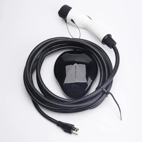 Portable Level One EV Charger With Twenty Five Foot Cord And 110 Volt Nema Socket For Hassle Free Home Charging Station Compatible With Sae J1772 Electric Cars Ready To Roll with charging plug and cable.